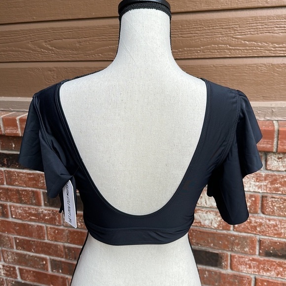 SPORLIKE Ruffle Push-Up Solid Black Bikini Swim Top Women's Size Small - Picture 3 of 5